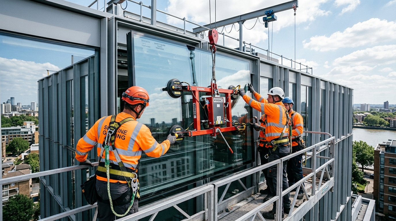 Commercial Glaziers Rigging Replacement Glass on High-Rise